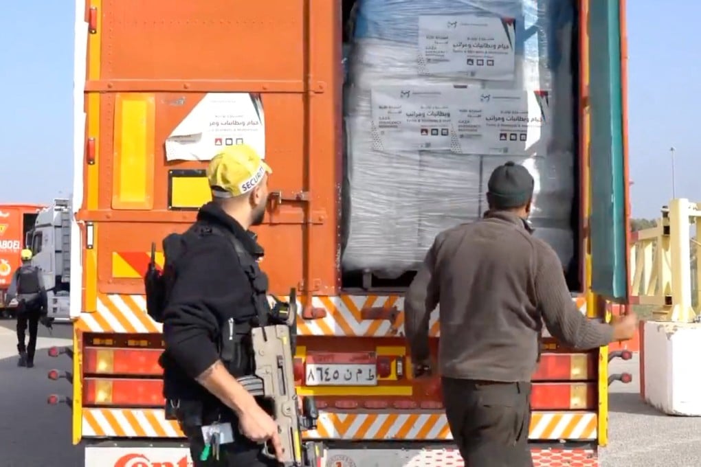 A humanitarian aid truck is inspected at the Kerem Shalom crossing on the border between Israel, Gaza and Egypt in this still image taken from video released on Tuesday. Photo: COGAT via X/Reuters