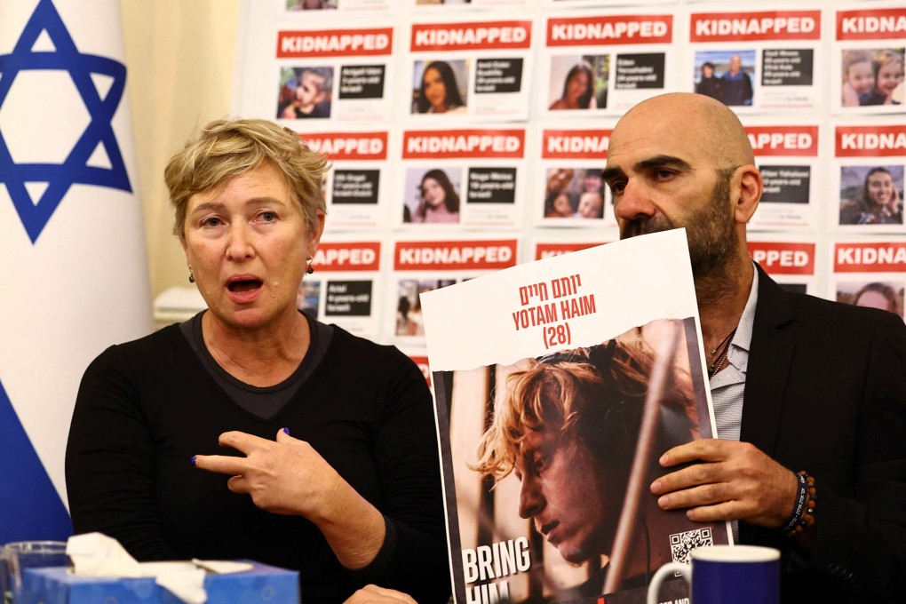 Iris Haim, mother of hostage Yotam Haim, speaks at a press conference at the Israeli embassy in London in November. Photo: AFP