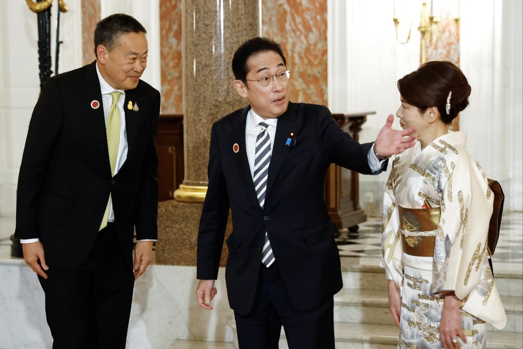 Japan’s Prime Minister Fumio Kishida (centre) and his wife, Yuko, welcome Thailand’s Prime Minister Srettha Thavisin (left) at Akasaka Palace state guest house in Tokyo on Saturday. Photo: EPA