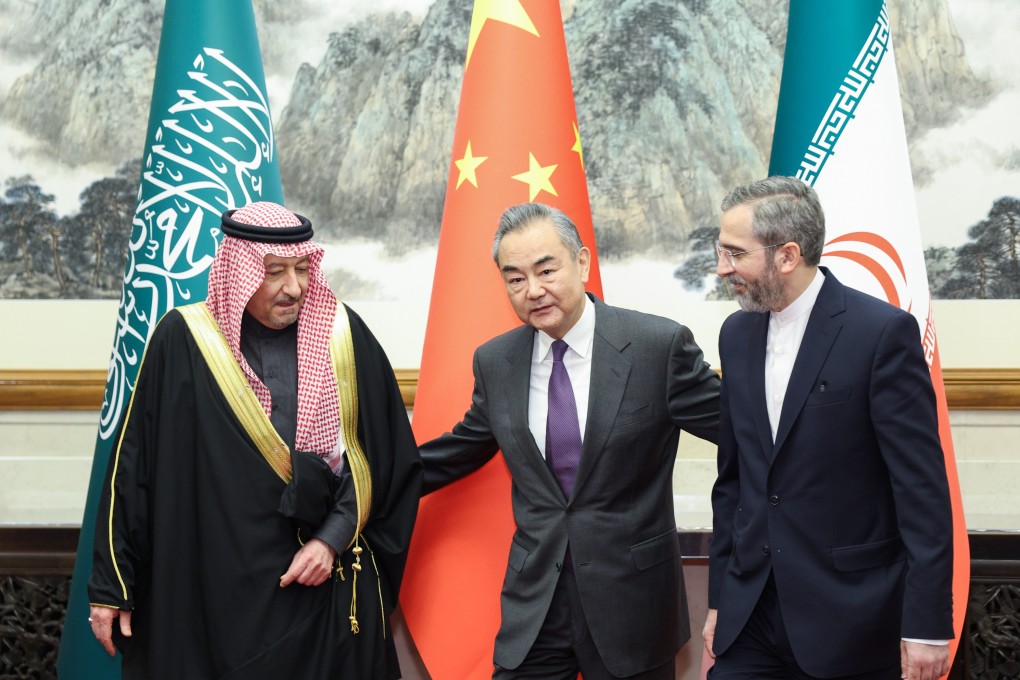 During talks with Saudi deputy foreign minister Waleed Elkhereiji (left) and his Iranian counterpart Ali Bagheri Kani (right) in Beijing on Friday, Foreign Minister Wang Yi (centre) renewed China’s call for “an immediate ceasefire” in the Israel-Gaza war. Photo: Xinhua