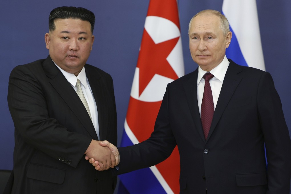 North Korean leader Kim Jong-un shakes hands with Russian President Vladimir Putin during their September meeting at a space centre in Russia’s far east. Photo: Sputnik, Kremlin Pool Photo via AP