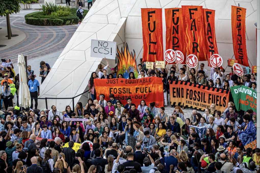 Activists protest on the sidelines of the Cop28 in Dubai. Photo: EPA-EFE