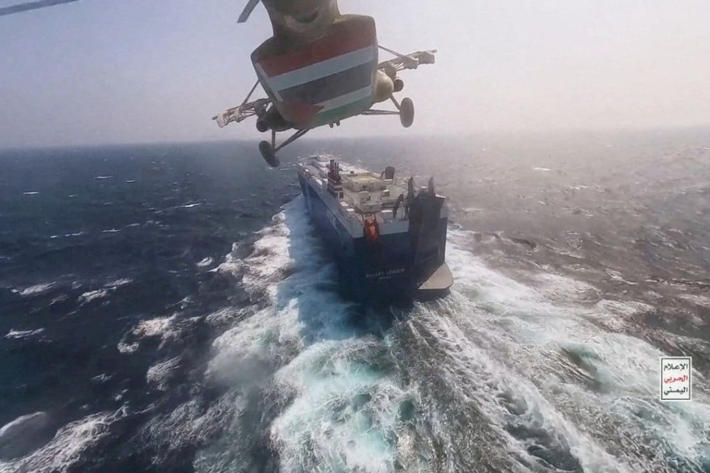 A Houthi forces helicopter approaching the Galaxy Leader in the Red Sea in November. Photo: Houthi Media Centre via AP