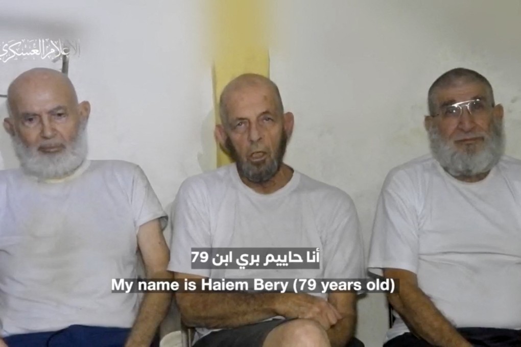 Three Israeli hostages appear in footage by Hamas at a location given as Gaza. Photo: Hamas Military Wing via Reuters
