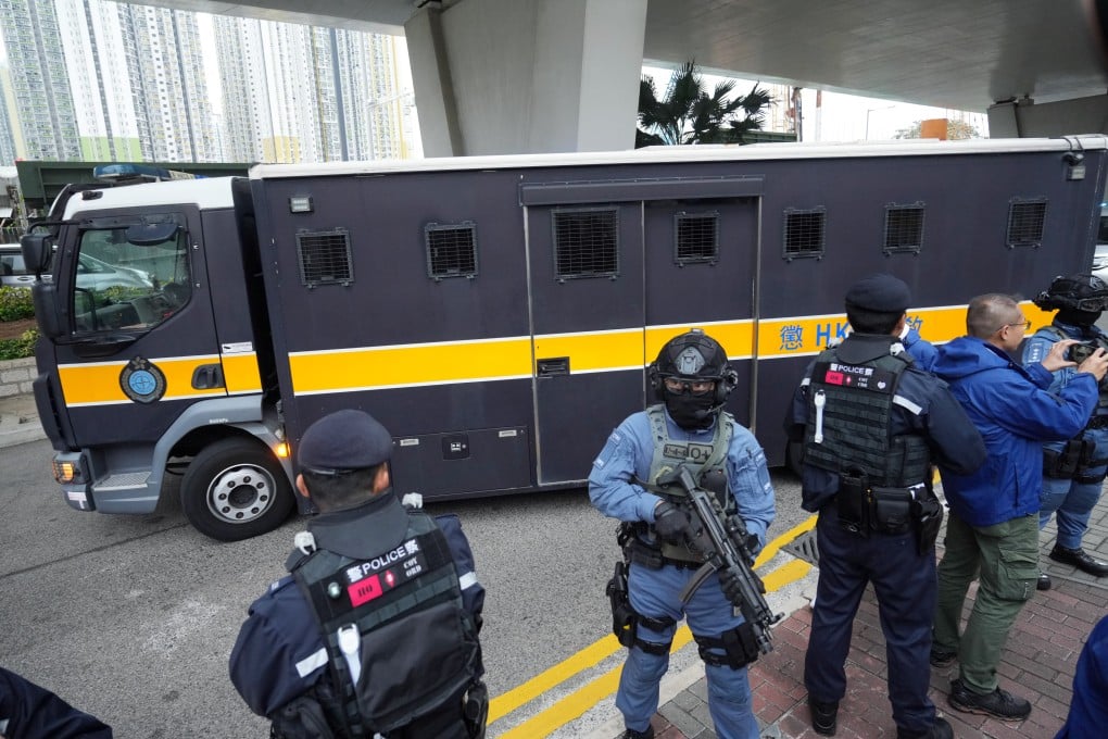 A prison van carrying tycoon Jimmy Lai leaves West Kowloon Court on Monday. Sam Tsang