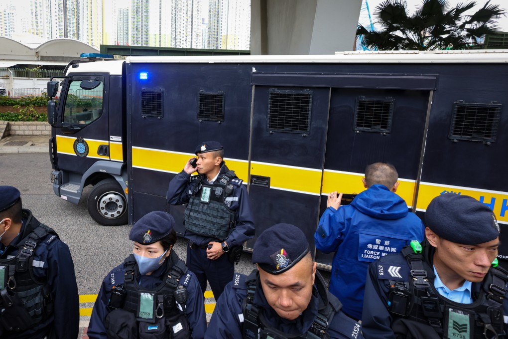 A police van carrying Jimmy Lai leaves West Kowloon Court after judges adjourned a ruling on a sedition charge until Friday. Photo: Yik Yeung-man