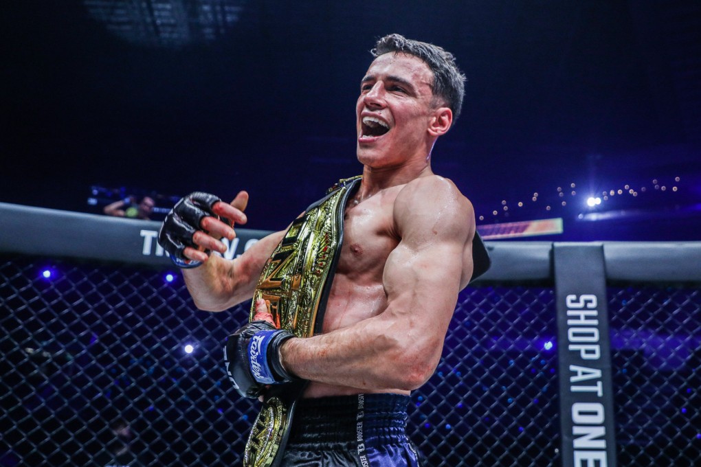 Joseph Lasiri with the ONE Championship stawweight Muay Thai belt after beating Prajanchai PKSaenchaigym at ONE 157. Photo: ONE Championship