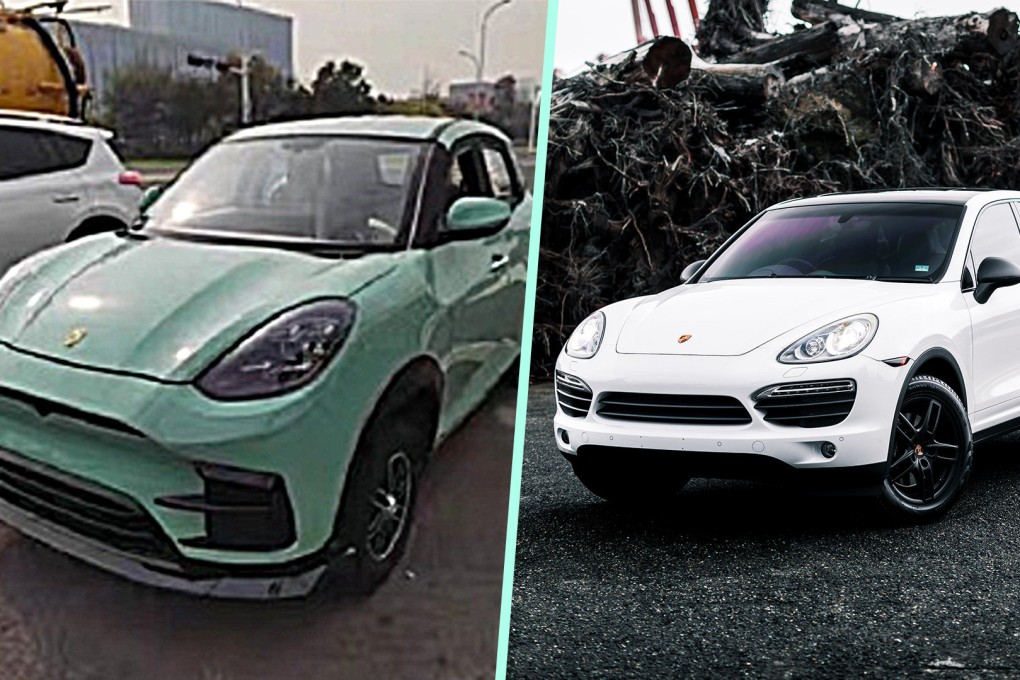 The counterfeit Porsches were meticulously crafted to mimic their authentic counterparts, albeit possessing subtle discrepancies in branding. Photo: SCMP composite/Shutterstock/Weibo