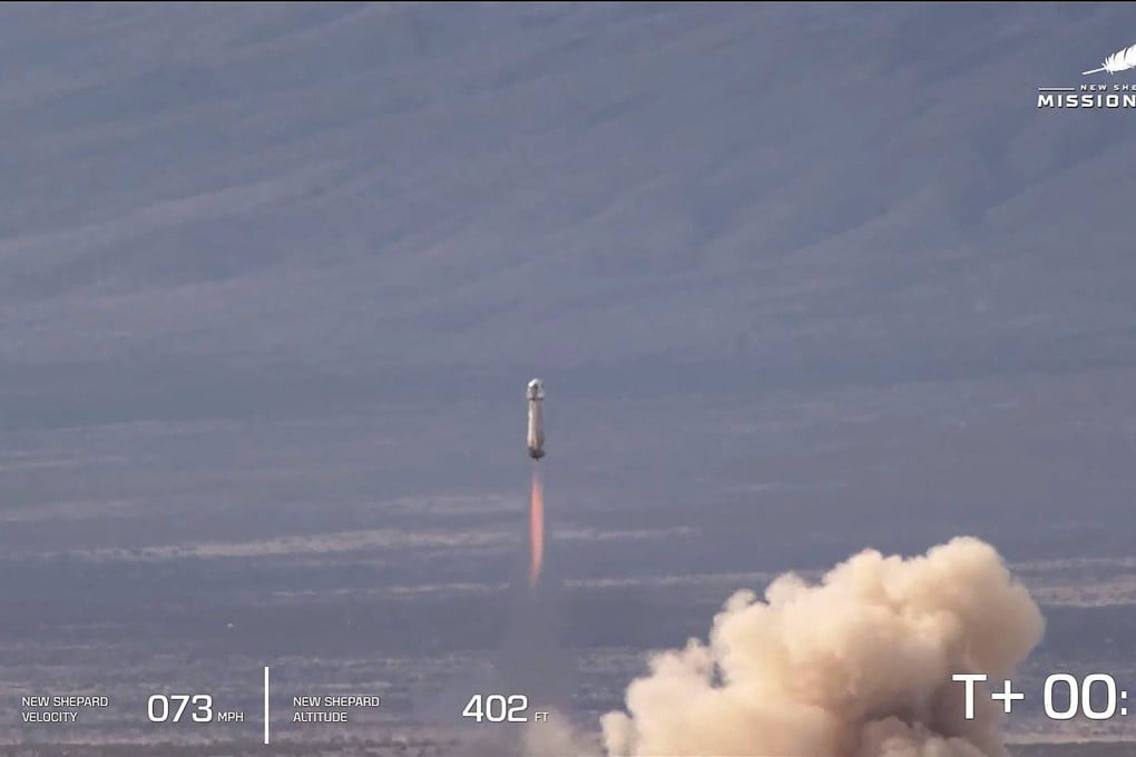 The New Shepherd rocket blasts off from the Blue Origin base near Van Horn, Texas, on Tuesday. Photo: Blue Origin via AFP