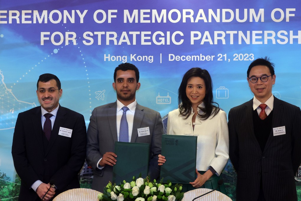 From left to right, Ahmad Jamal, Director of Tourism, Ministry of Investment of Saudi Arabia; Ayidh Alyami, associate office director-China, Ministry of Investment of the Kingdom of Saudi Arabia; Poman Lo, vice-chairman of Regal Hotels and Jimmy Lo, vice-chairman, Cosmopolitan International, attend signing ceremony. Photo: Edmond So