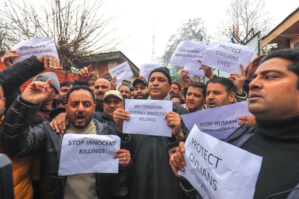 People shout slogans during a protest in Srinagar, in Indian Kashmir, on Saturday, after three civilians were killed while in army custody. Photo: EPA-EFE