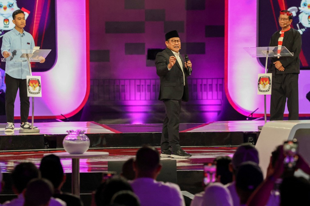 Indonesian vice-presidential candidate Muhaimin Iskandar speaks during a debate with his opponents Gibran Rakabuming (left) and Mohammad Mahfud (right) in Jakarta on December 22. Photo: Reuters