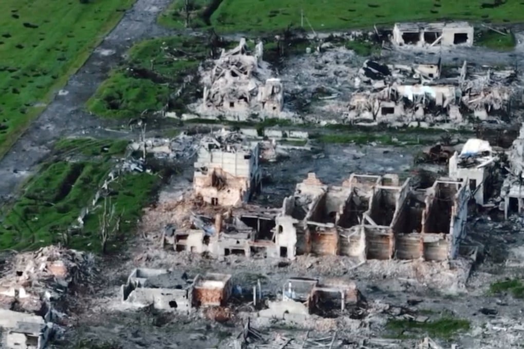A drone view shows the remains of Ukraine’s Maryinka in May. Photo: Andriy Yermak via Telegram/Reuters