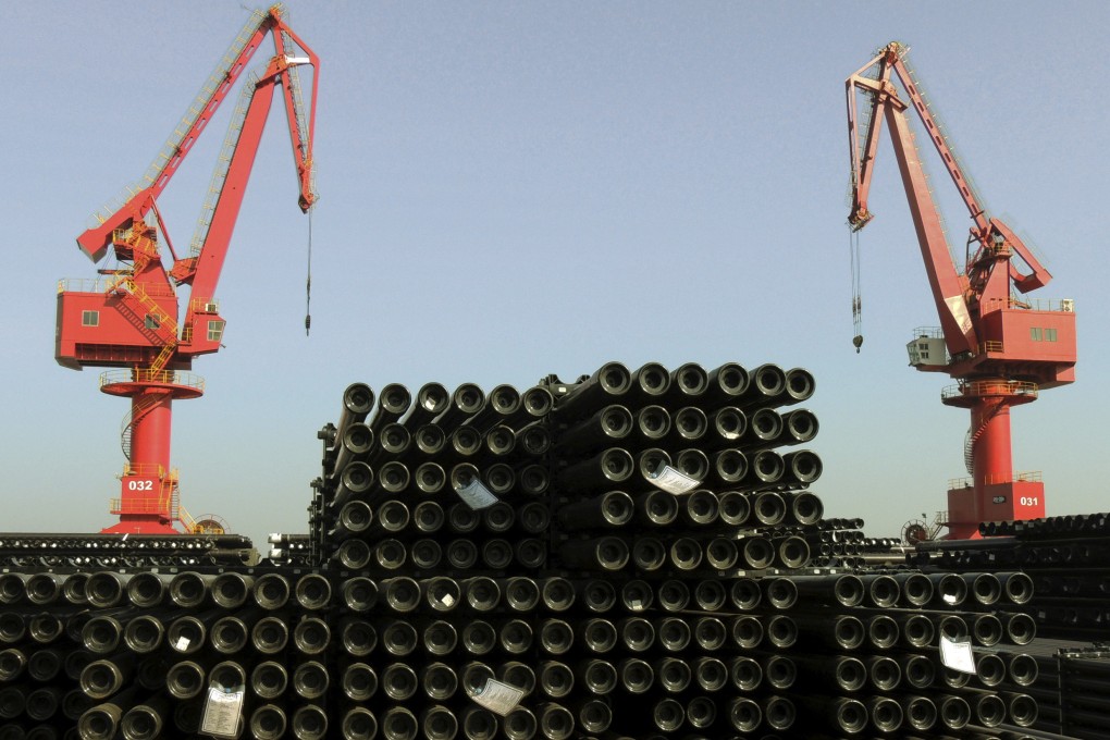 Piles of steel pipes to be exported at a port in Lianyungang in China’s Jiangsu province. Photo: Reuters
