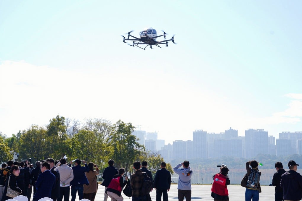 The EH216-S model unmanned passenger drone, designed and manufactured by Chinese aircraft technology company EHang, completed its first commercial flight demonstration in the southern Chinese city of Guangzhou on Thursday. Photo: EHang