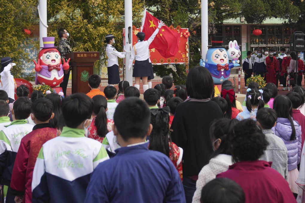 Pupils at Fung Kai No.1 Primary School at Sheung Shui assemble for a flag-raising ceremony. Photo: Sam Tsang