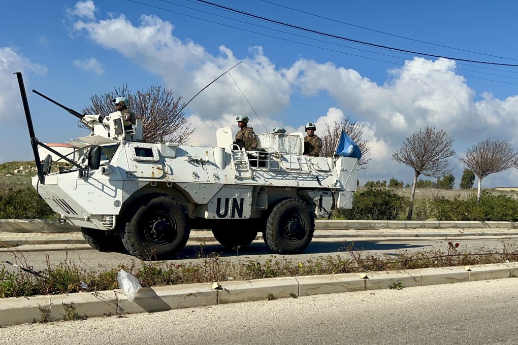 An armoured vehicle of the United Nations Interim Forces in Lebanon (UNIFIL) patrols in Khiyam plain, near the border with Israel, in Lebanon on Friday. Photo: EPA-EFE