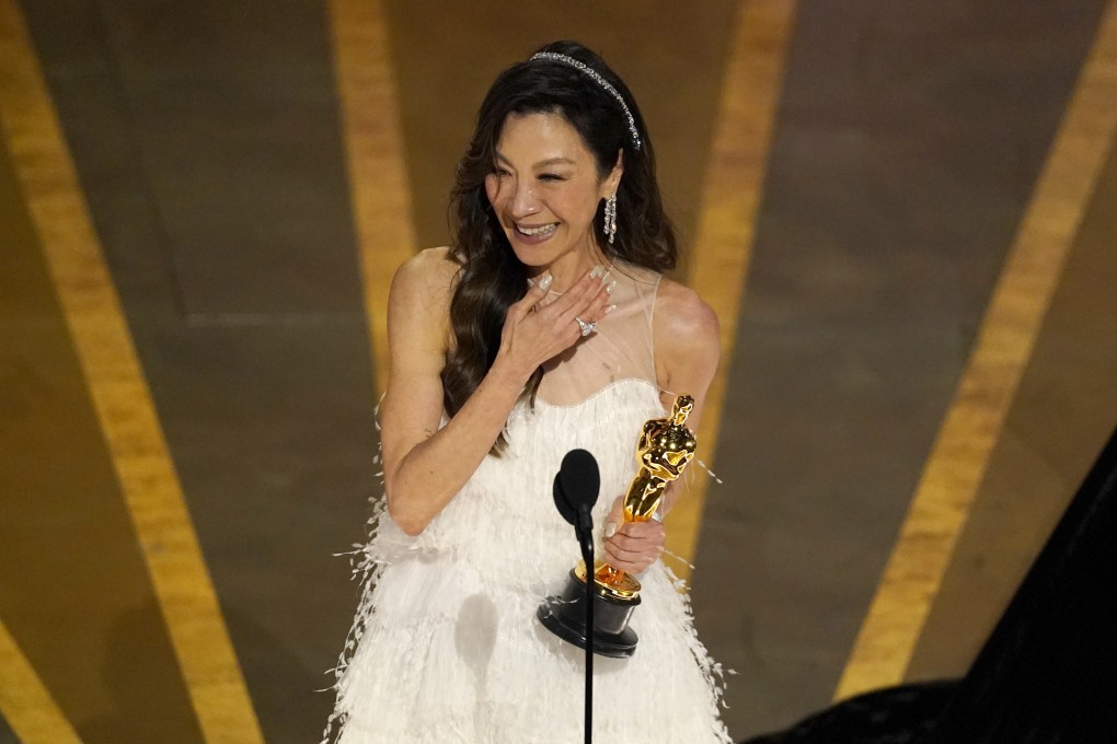 Michelle Yeoh accepts the award for best performance by an actress in a leading role for “Everything Everywhere All at Once” at the Oscars on March 12, 2023. Photo: AP