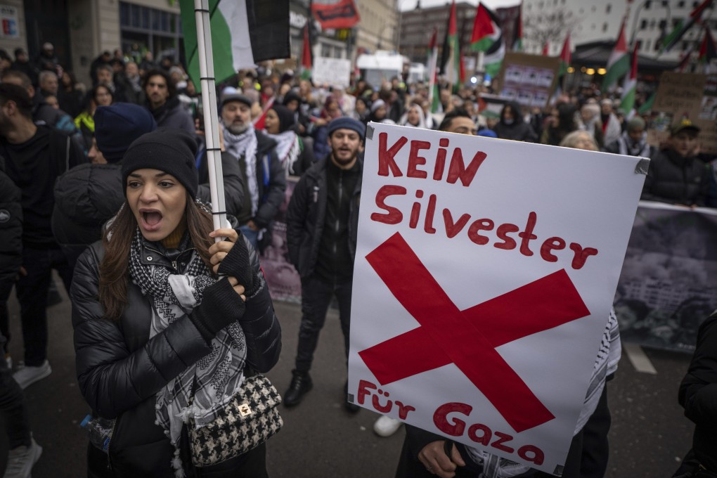 A pro-Palestinian demonstration at Hermann square in Berlin Neukoelln, on Sunday. The sign reads ‘No New Year’s Eve For Gaza’. Photo: dpa via AP