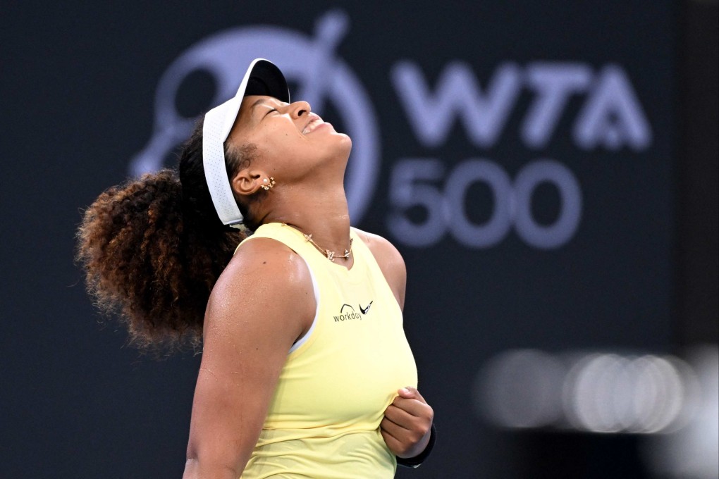 Naomi Osaka celebrates victory against Germany’s Tamara Korpatsch as she began her comeback in Brisbane on Monday. Photo: AFP