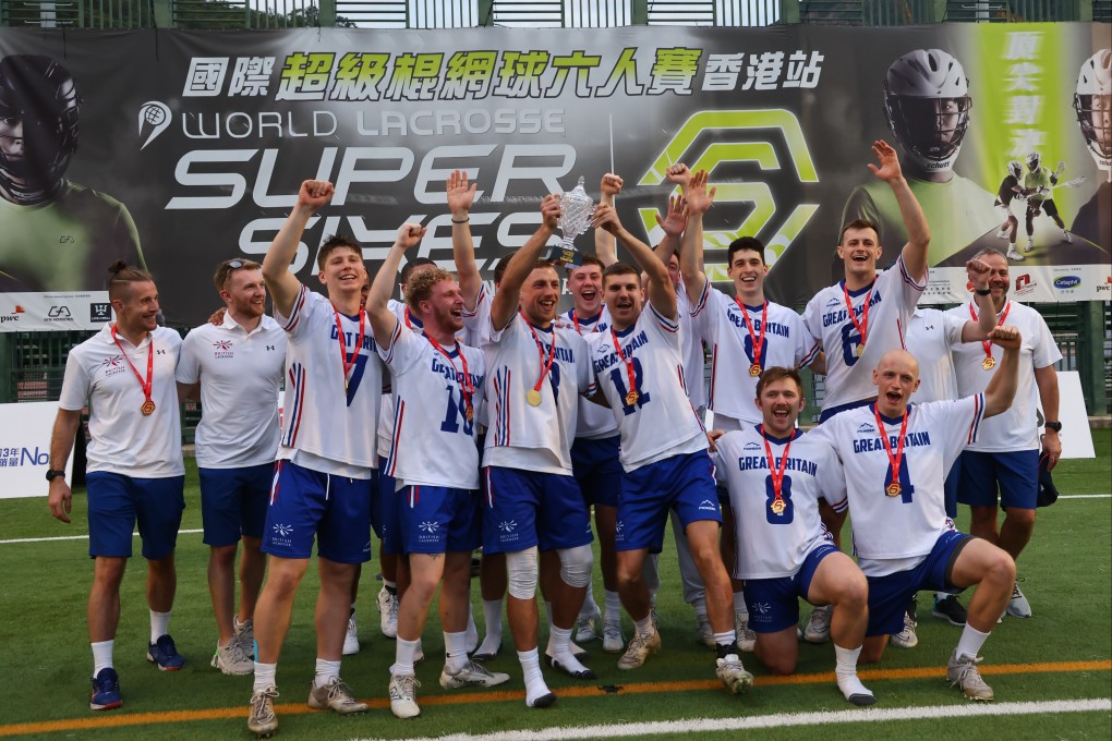 Hugo Peel (third from left) was a pivotal figure in Great Britain’s World Lacrosse Super Sixes success. Photo: Dickson Lee