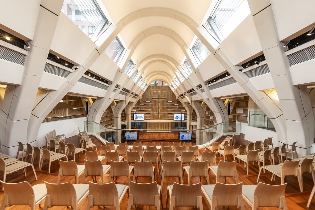 Five tree-like sculptural columns in the sanctuary of Union Church in Hong Kong’s Mid-Levels are a nod to the church’s neo-Gothic look in the 19th century. Photo: Lusher Photography