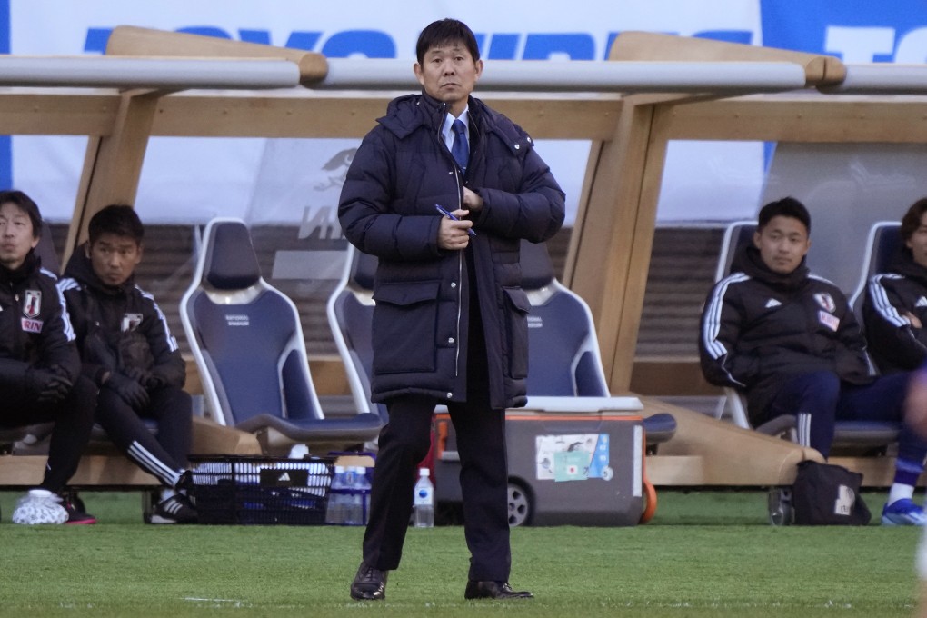 Japan head coach Hajime Moriyasu watches his side during their international friendly against Thailand. Photo: AP