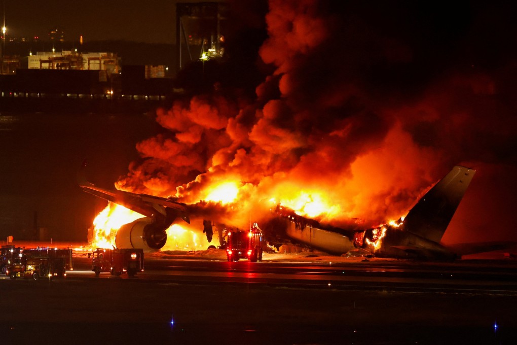 A Japan Airlines A350 plane is on fire at Haneda international airport in Tokyo, Japan, on Tuesday. Photo: Reuters
