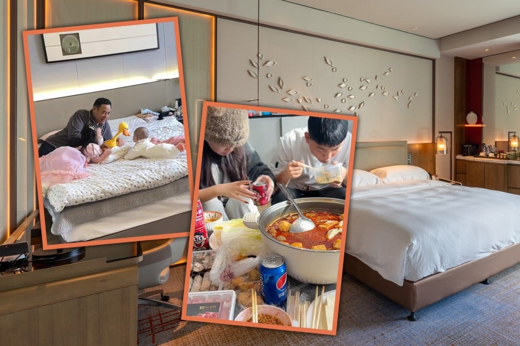 A family of eight in China say they are planning to stay in a hotel suite for the rest of their lives due to cost and convenience benefits, dividing opinion of mainland social media. Photo: SCMP composite/Shutterstock/Douyin
