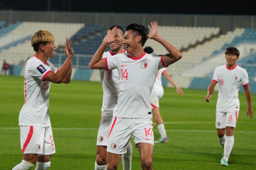 Poon Pui-hin (centre) scored twice in Hong Kong’s first win over China in 29 years. Photo: HKFA