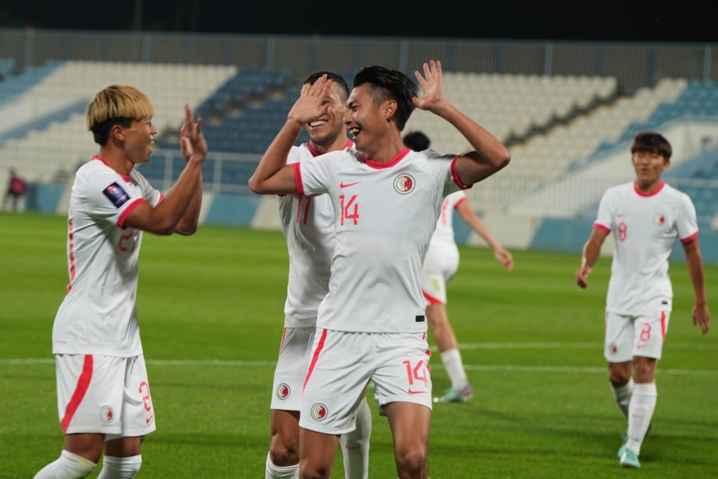 Poon Pui-hin (centre) scored twice in Hong Kong’s first win over China in 29 years. Photo: HKFA