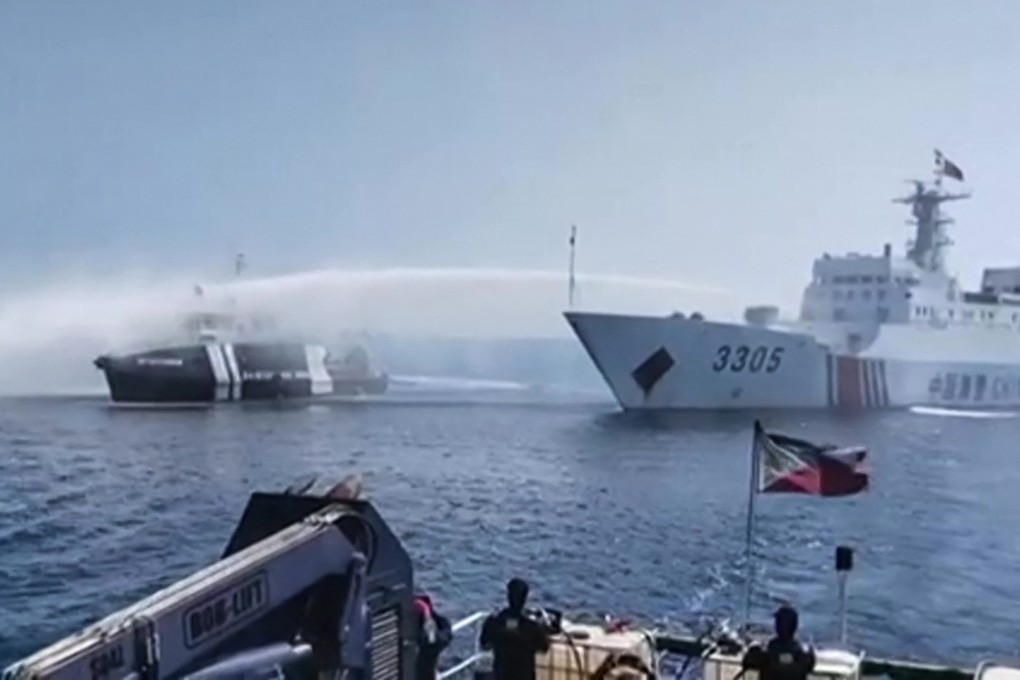 Amid heightened tension in the South China Sea, China says it is patrolling at the same time the Philippines and the US are conducting military drills. The Philippines last month accused the Chinese coast guard of using water cannons on its vessels to stops its boats supplying fishermen near a China-controlled reef. Photo: Philippine Coast Guard /AFP