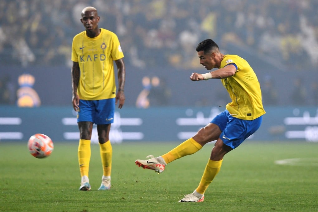 Al Nassr’s Cristiano Ronaldo takes a free kick during his side’s Saudi Pro League game against Al Ettifaq. Photo: Reuters