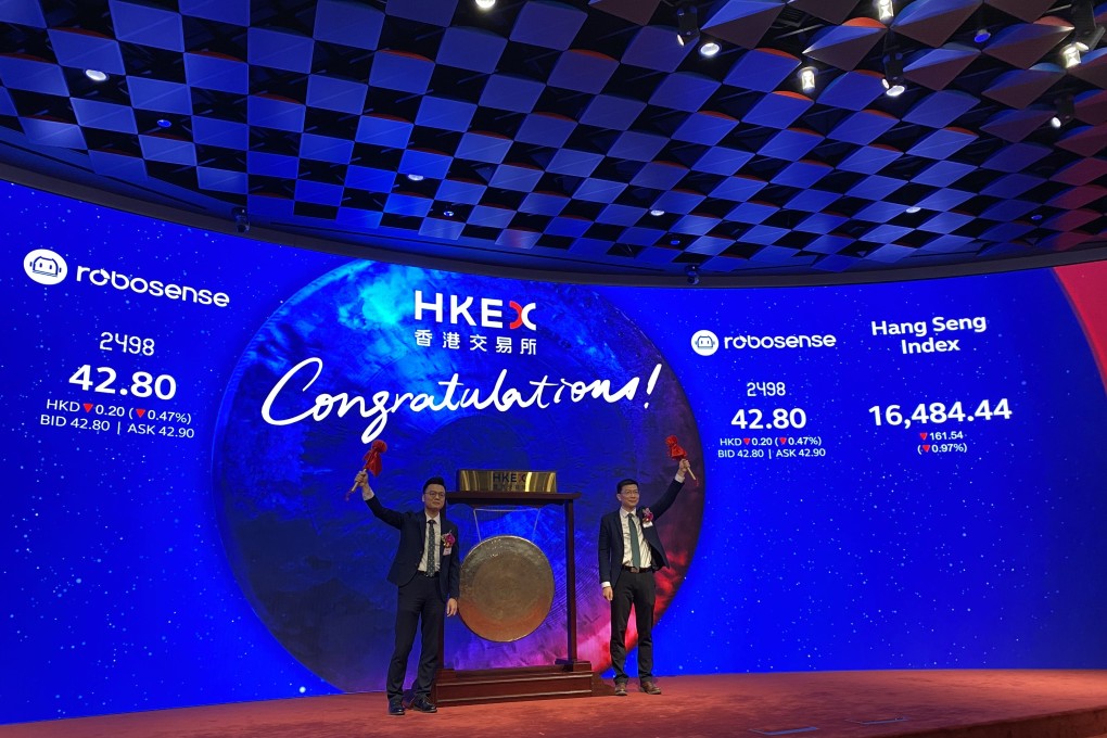 Qiu Chunxin, RoboSense’s chairman and Qiu Chunchao, its president, struck the ceremonial gong at the Hong Kong stock exchange on January. Photo: handout