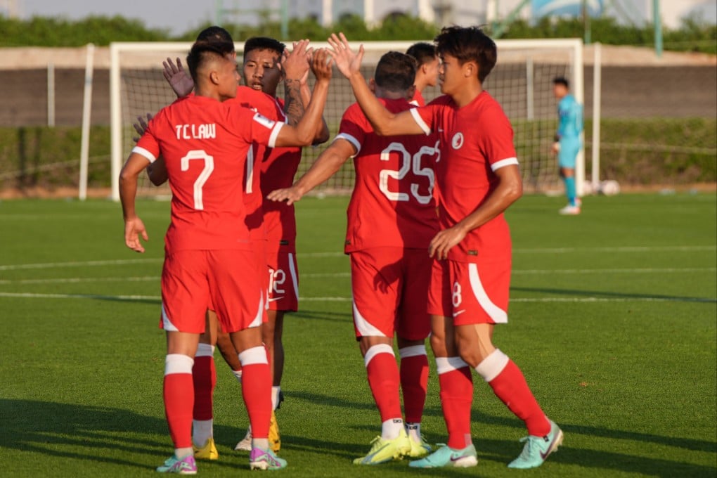 Hong Kong players celebrate Everton Camargo’s goal against Tajikistan on Thursday. Photo: HKFA
