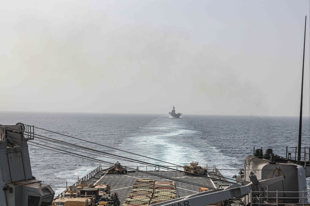US warships transit the Bab al-Mandeb strait in August, 2023. Yemen’s Houthi rebels have been targeting commercial ships in the Red Sea. Photo; US Navy
