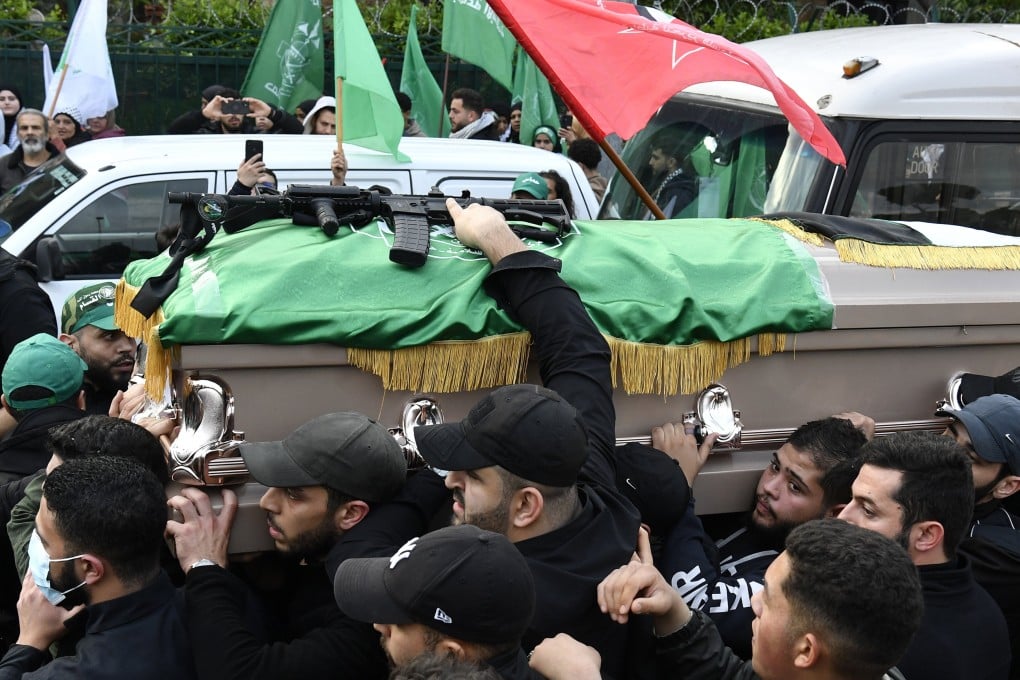 Mourners carry the coffin of Hamas deputy leader Saleh al-Arouri, who was killed in a drone attack, during his funeral in Beirut, Lebanon on Thursday. Photo: EPA-EFE
