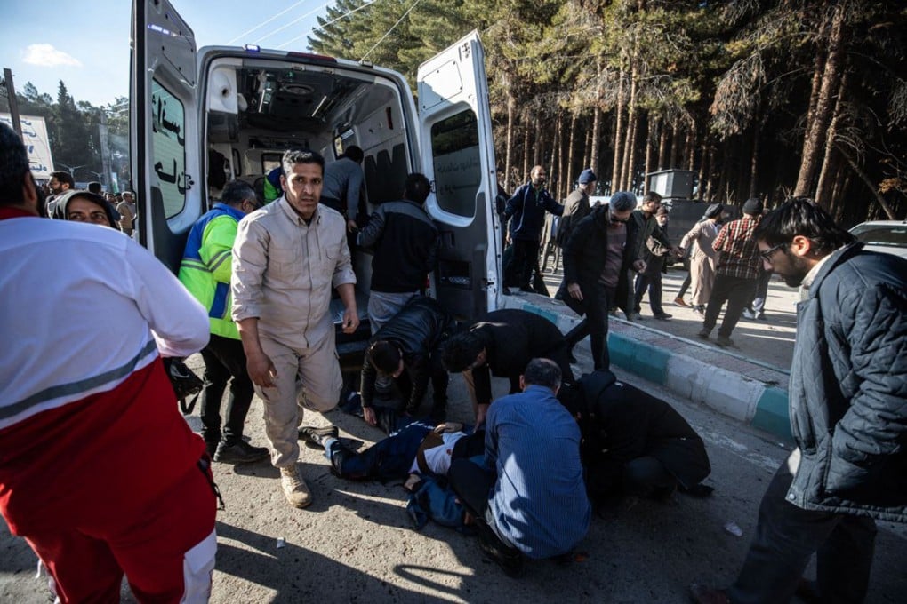 Iranian emergency services arrive at the site of two explosions near the Saheb al-Zaman Mosque in the southern Iranian city of Kerman on Wednesday. Islamic State on Thursday claimed responsibility for the blasts. Photo: AFP