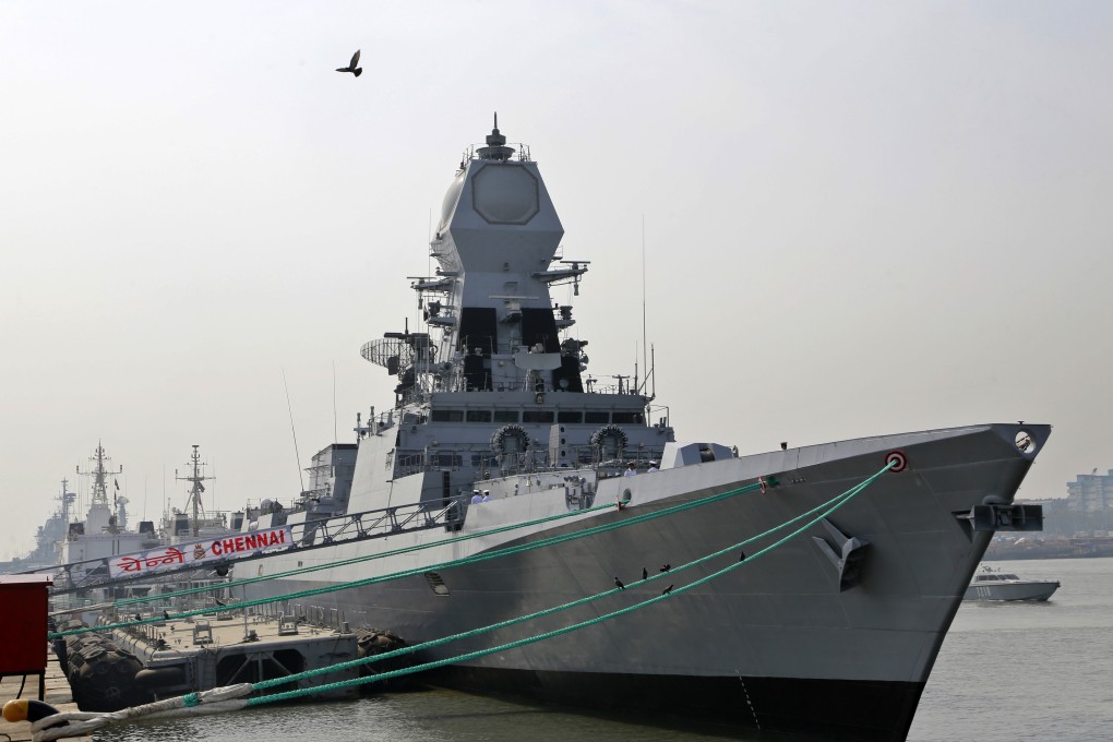 INS Chennai, a Kolkata class destroyer, moored at a jetty in Mumbai. The ship was diverted and deployed to assist the hijacked vessel in the Arabian Sea. Photo: AP