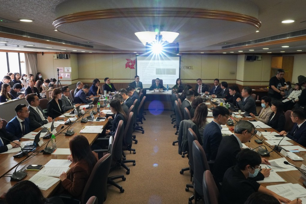 Councillors attend the first district council meeting in Hong Kong’s Yau Tsim Mong district after the 2023 election. Photo: Eugene Lee