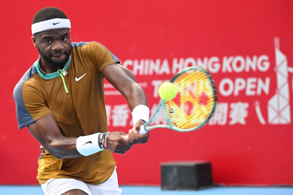 Frances Tiafoe hits a return to Shang Juncheng during their men’s quarter-final at the Hong Kong Open. Photo: AFP