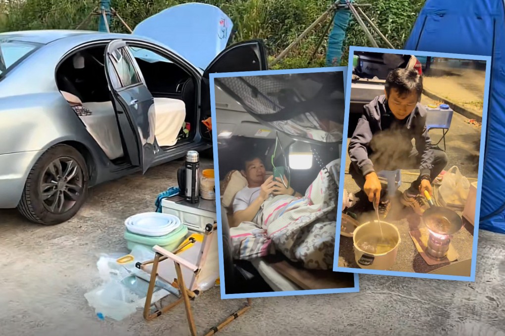 A Shanghai man has turned his car into a home to save money as rents soar in China’s big cities. Photo: SCMP composite/Douyin