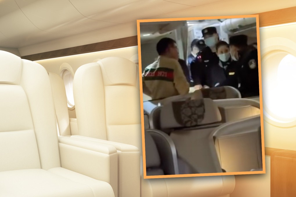 An upset airline passenger in China who argued with cabin crew, security guards and other fliers over the seating arrangements on his flight, causing a three-hour delay, has been slammed on mainland social media. Photo: SCMP composite/Shutterstock/Douyin