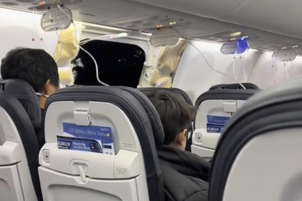 The plug door tore off the left side of an Alaska Airlines jet on Friday following takeoff. Photo: Elizabeth Le via AP