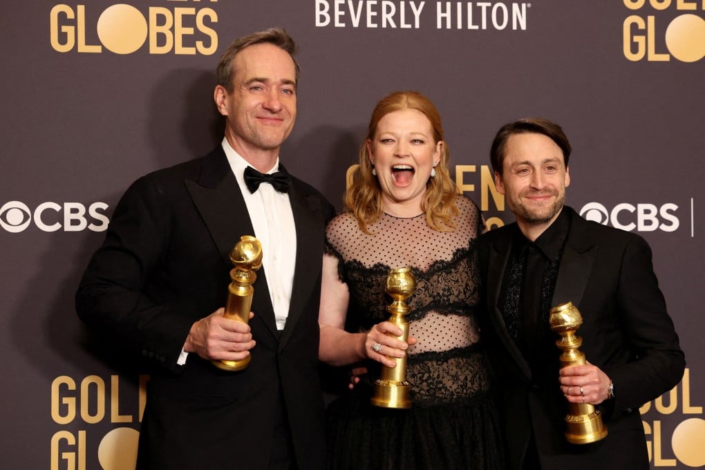 Sarah Snook, Matthew Macfadyen, and Kieran Culkin pose with their Golden Globes for best actor and actress and best supporting actor in a TV drama series for “Succession”, which also won best drama. Photo: Reuters