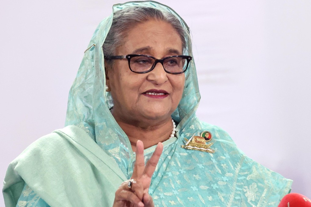 Bangladesh Prime Minister Sheikh Hasina at a polling centre in Dhaka on Sunday. Photo:.  Bangladesh Prime Minister’s Office / Handout via EPA-EFE