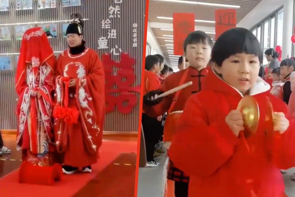 A group of kindergarten pupils have gone viral on mainland social media after they played a key role in turning their school into a wedding venue for two of their teachers who were getting married. Photo: SCMP composite/Weibo