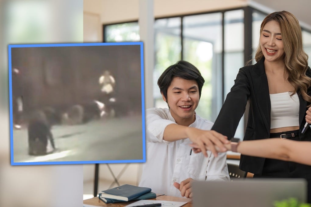 Mainland social media has been shocked after video emerged of a group of company staff crawling along a street as part of an apparent punishment for failing at a team bonding exercise. Photo: SCMP composite/Shutterstock/Douyin
