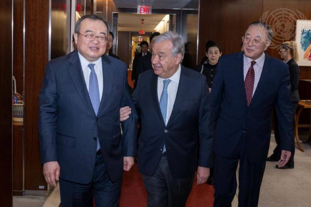 Liu Jianchao, the Chinese Communist Party’s top diplomat, meets with United Nations Secretary General Antonio Guterres (centre) on Tuesday at UN headquarters in New York. Photo: United Nations/Eskinder Debebe