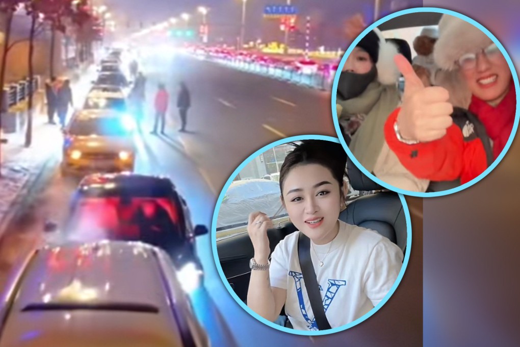 Friendly local drivers in China’s freezing cold northernmost province are offering free rides for domestic tourists who cannot get a ride-hailing car, garnering widespread praise on mainland social media. Photo: SCMP composite/Douyin